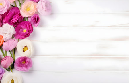 colorful Eustoma flowers on white wooden table soft lightの素材