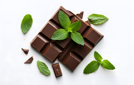 Pieces of dark chocolate with mint on white wooden table for food dessert designの素材