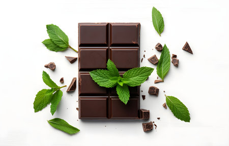 Pieces of dark chocolate with mint on white wooden table for food dessert designの素材