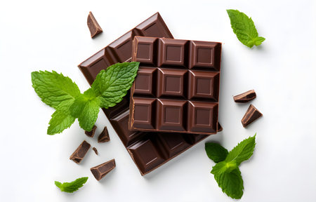 Pieces of dark chocolate with mint on white wooden table for food dessert designの素材