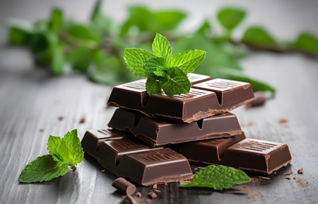 Pieces of dark chocolate with mint on white wooden table for food dessert designの素材