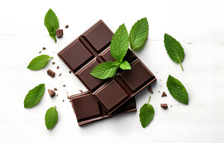 Pieces of dark chocolate with mint on white wooden table for food dessert designの素材