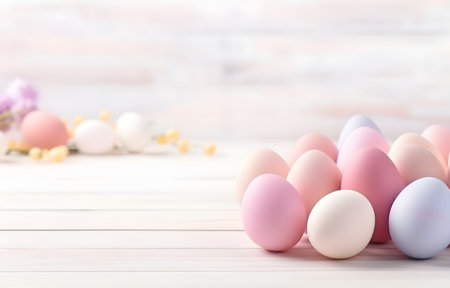 Easter holiday colorful eggs on white wooden table for greeting card decorの素材