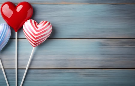 colorful striped lollipops on wooden table for holiday greeting invitation card decorの素材
