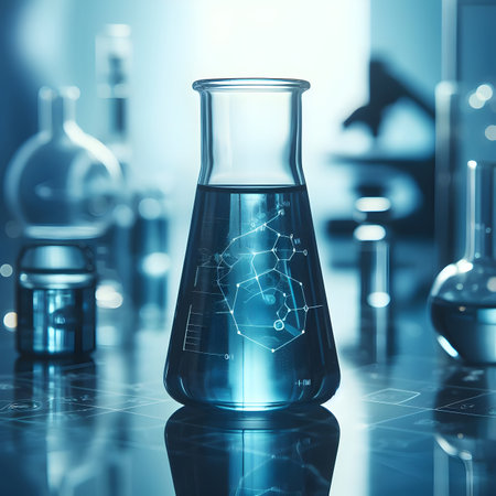 transparent glass test tubes with blue colored liquid sample for testing while placed on table with glassware against blurred scientific laboratoryの素材