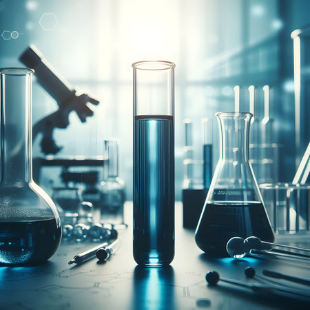 transparent glass test tubes with blue colored liquid sample for testing while placed on table with glassware against blurred scientific laboratoryの素材