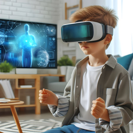 little boy in futuristic goggles interacting with virtual reality while exploring cyberspace in bright roomの素材