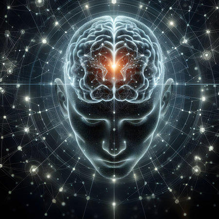 Human brain activity with plexus lines.. External cerebral connections in the frontal lobe. Communication, psychology, artificial intelligenceの素材