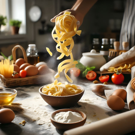 raw pasta made of dough flying over table with ingredients and bowl in kitchenの素材