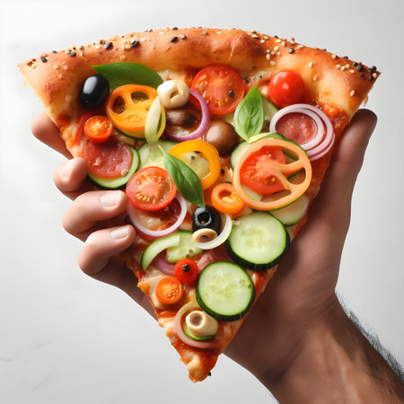 Pizza slice delicious in man's hand on light backgroundの素材