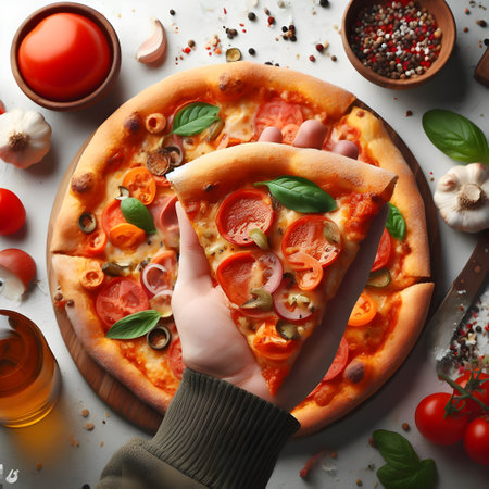 Pizza slice delicious in man's hand on light backgroundの素材