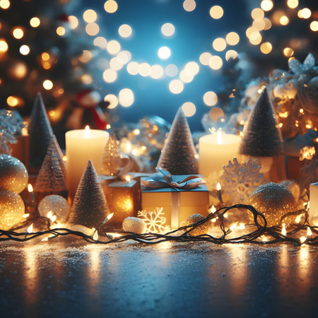 Christmas electric lights background with out of focus golden garland and decor on blue surface. Holiday illumination and decoration.の素材