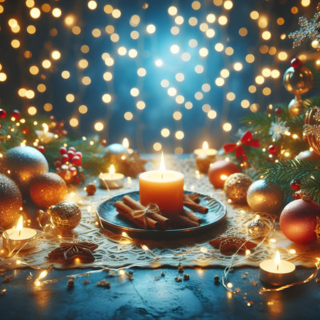 Christmas electric lights background with out of focus golden garland and decor on blue surface. Holiday illumination and decoration.の素材