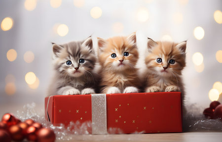 kittens in gift present box on white wooden table soft light for holiday card designの素材