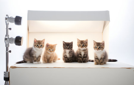 kittens in light box on white wooden table soft lightの素材