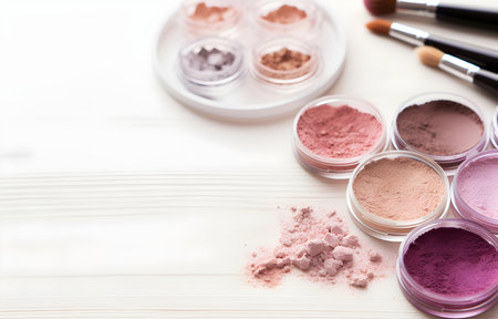 colorful makeup eyeshadow with shimmer on white wooden table soft light for beauty card decorの素材