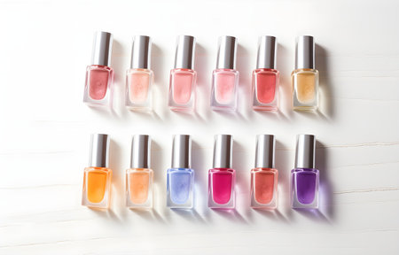 colorful makeup nailpolish with shimmer on white wooden table soft light for beauty card decorの素材