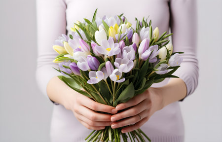woman hands is holding a festive bouquet with snowdrops and striped crocus flowers on white backgroundの素材