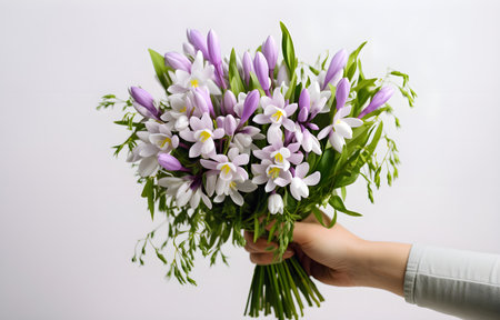 woman hands is holding a festive bouquet with snowdrops and striped crocus flowers on white backgroundの素材