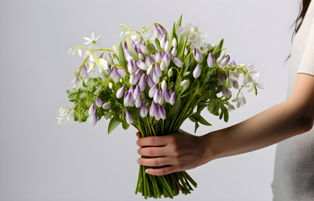 woman hands is holding a festive bouquet with snowdrops and striped crocus flowers on white backgroundの素材