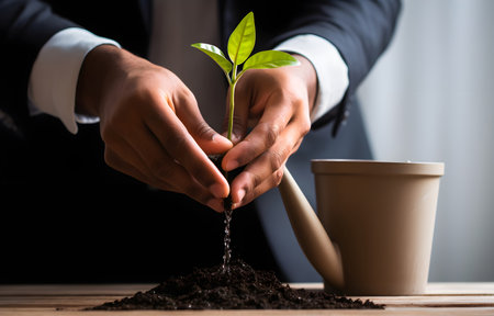 hands of Businessman watering a plant that grows in ground on white backgroundの素材