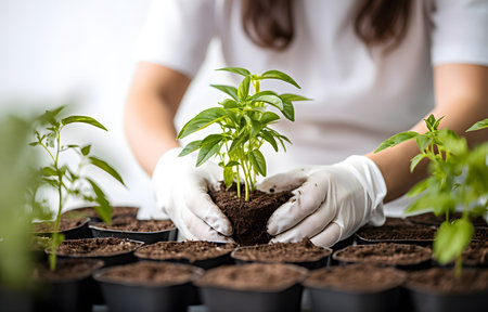 woman's hands taking care of plants on white greenhouse blurred backgroundの素材
