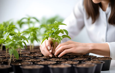 woman's hands taking care of plants on white greenhouse blurred backgroundの素材