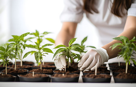 woman's hands taking care of plants on white greenhouse blurred backgroundの素材