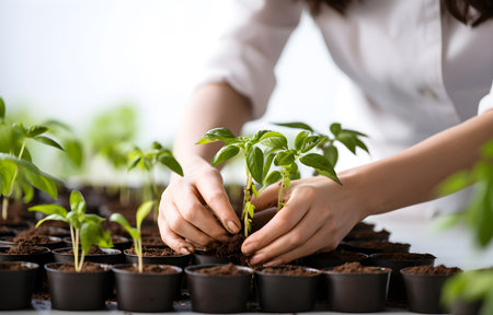 woman's hands taking care of plants on white greenhouse blurred backgroundの素材