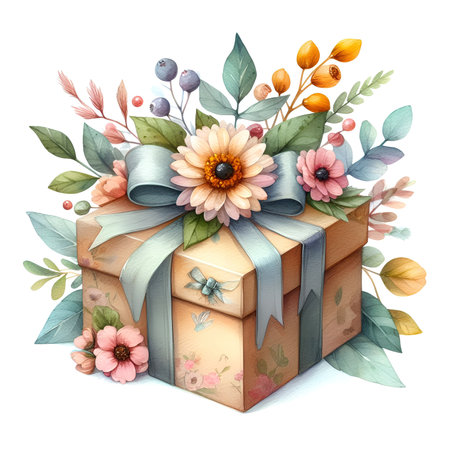 colorful gift box with decor for holiday card design watercolor paintの素材
