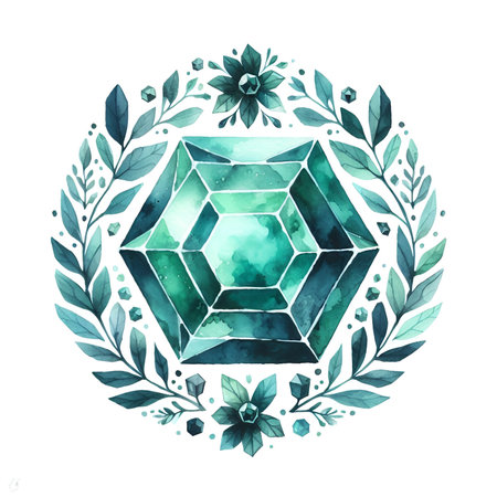 green emerald crystal gem wealth symbol watercolor paintの素材