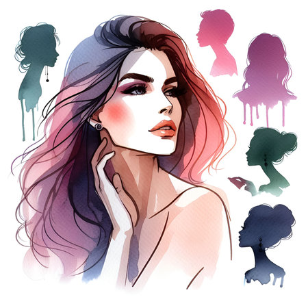 watercolor simply woman beautiful silhouette isolated on white backgroundの素材