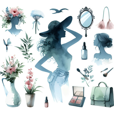 watercolor simply woman beautiful silhouette isolated on white backgroundの素材