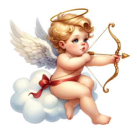 watercolor cupid angel with bow and arrow for valentine's day card decor on white backgroundの素材