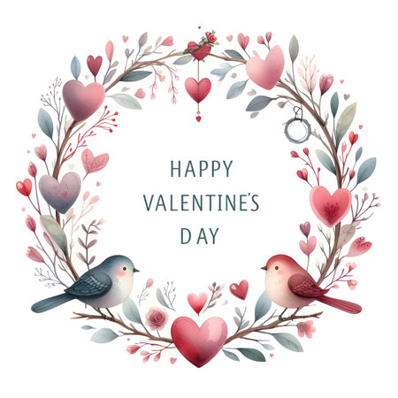Round holiday frame with birds and plant herb with leaves watercolor paint for valentine's day holiday card decorの素材