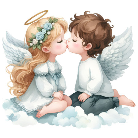 Two angles boy and girl with wings kissing for valentine's day holiday card decor watercolor paintの素材