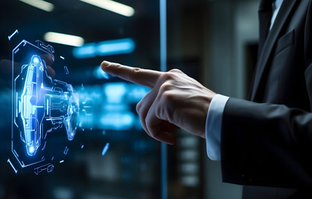 Businessman pointing at his business presentation on the high technology digital screen soft lightの素材