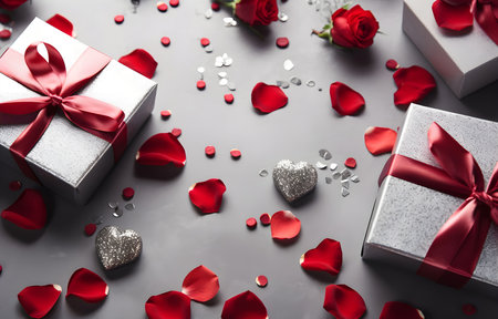 silver gift boxes with red bow and heart decor on white wooden table soft light top viewの素材