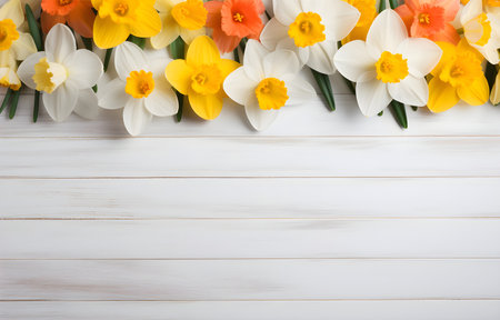 colorful narcissus flowers on white wooden table top viewの素材