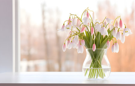 colorful snowdrops flowers in transparent vase on white wooden table over bokeh window backgroundの素材