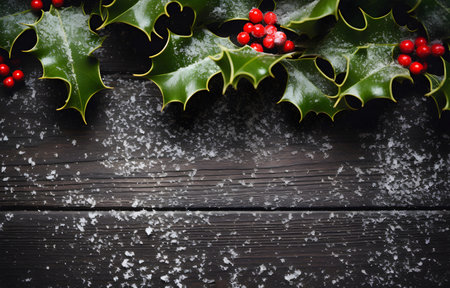 holly berry christmas decor on wooden tableの素材
