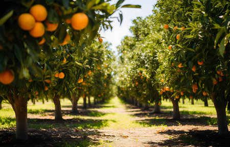 alley with orange trees and orange fruits on them summer dayの素材