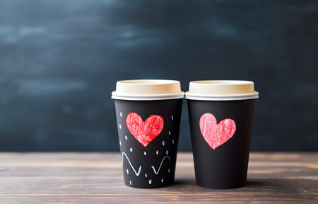 cups on wooden table with hearts on wooden table over chalkboard backgroundの素材