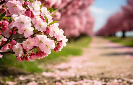 alley with blossom apple trees spring dayの素材