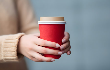 hand with cardboard cup with heart on blurred nature backgroundの素材