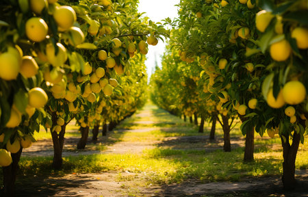 alley with apple trees and apple fruits on them summer dayの素材
