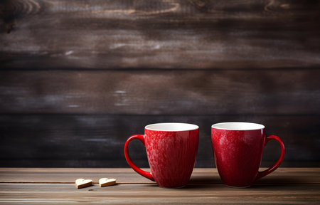 cups on wooden table with hearts on wooden table over chalkboard backgroundの素材