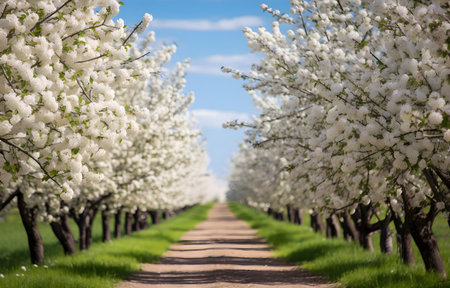 alley with blossom apple trees spring dayの素材