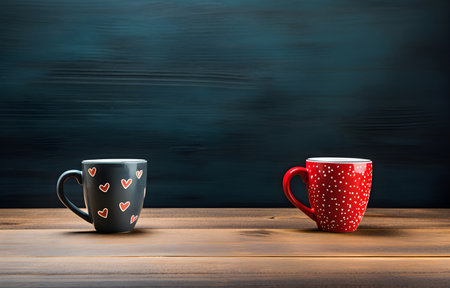 cups on wooden table with hearts on wooden table over chalkboard backgroundの素材