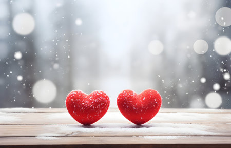 two red hearts on wooden table over falling snow and white snowy nature background daylightの素材